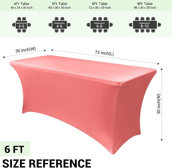 Obstal 6ft Stretch Spandex Table Cover for Standard Folding Tables - Universal Rectangular Fitted Tablecloth Protector for Wedding, Banquet and Party, 72L x 30W x 30H Inches, Coral Red, 2pc