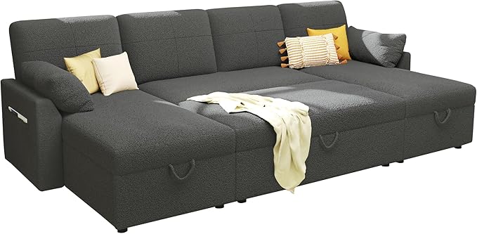 VanAcc Sleeper Sofa, 110 inch Oversize - 2 in 1 Pull Out Bed, Sectional Sleeper Sofa with Double Storage Chaise for Living Room, Grey Boucle Couch
