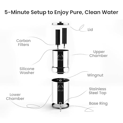 Gravity Water Filter System – 1.5 Gallons NSF Certified AISI 304 Stainless Steel Premium Countertop Water Filtration System with 2 Smart Black Carbon Filters & Stainless Steel Spigot