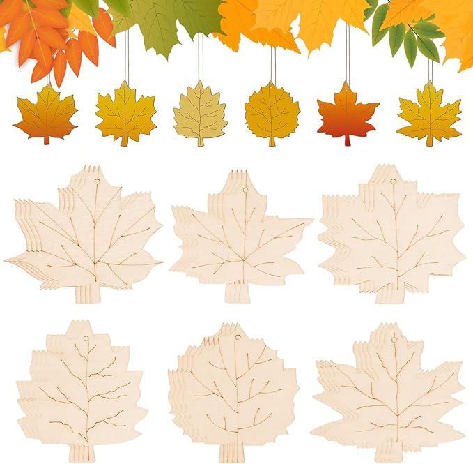 24 PCS Unfinished Wooden Fall Crafts, Maple Leaves Shaped Hanging Ornaments DIY Wood Craft Cutouts for Fall Home Decor (Leaves)