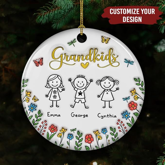 Grandkids Personalized Ceramic Ornament – Grandkids Christmas Ornament, Custom Holiday Keepsake, Family Tree Gift