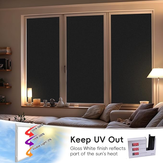 DUOFIRE Blackout Window Film - Sun Blocking White Black Privacy Film, Non-Adhesive Static Cling, Removable Anti-Glare Tint for Day Sleep, Home, Office (23.6 x 78.7 in)