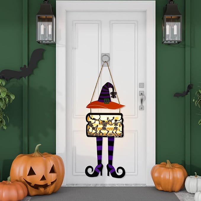 FINGOOO Halloween Door Hanging Sign, Large Witch Skeleton Halloween Door Hanger with Light for Front Door Decor