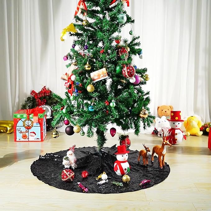 Eternal Beauty Christmas Tree Skirt, 36 Inch Black Halloween Sequin Tree Skirt Small Xmas Tree Skirt for Christmas Tree Decorations