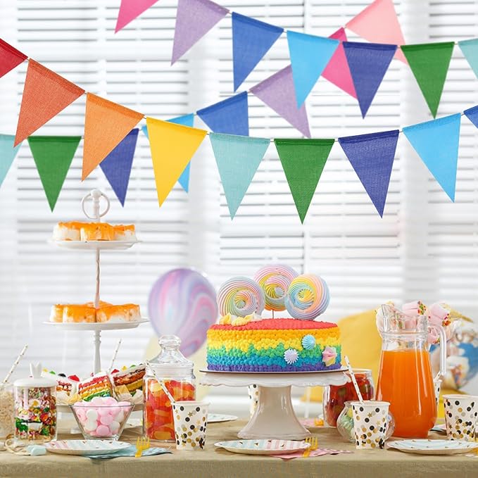 G2PLUS Pre-Strung Burlap Pennant Banner, 39Ft Rainbow Triangle Flag Bunting, 36pcs Pennant Banner Flags Garland for Birthday, Holidays and Theme Party Decorations