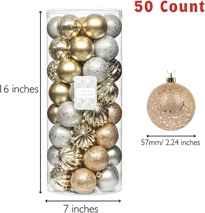 Every Day is Christmas Ornaments, Shatterproof Christmas Tree Ornament Set, Christmas Balls Decoration 50 Count (2.24"/57mm, Gold Silver)