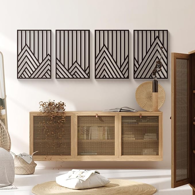 Glamativity 4 Pack Black Abstract Metal Wall Art, Minimalist Décor Single Line Art Wall Décor, 3D Textured Metal Wall Sculptures, for Living Room Bedroom Bathroom Study Room (Mountain Line, M Size 17 x 12'')