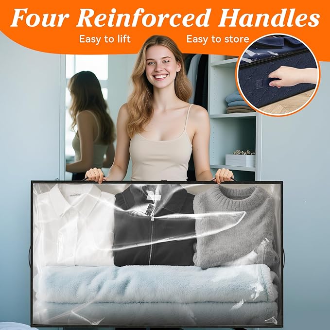 SpaceWhisper 90L Under Bed Storage Containers, 4-Pack Storage Bins with Clear Top, Foldable Closet Organizers and Storage with Label Holder for Clothing, Blankets, Comforter & Pillows(Blue)