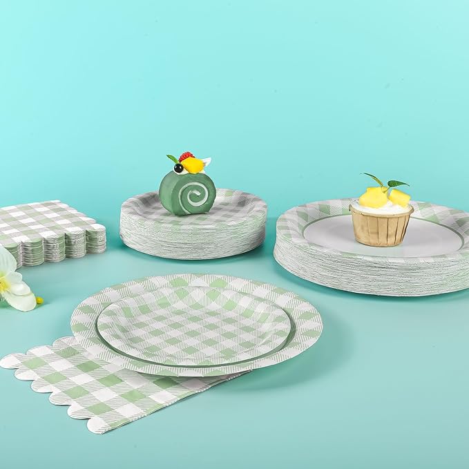 200Pcs Sage Green Gingham Party Supplies Gingham Paper Plates and Napkins Cups Sage Plaid Plates Disposable Green and White Plaid Party Decor for Birthday Family Picnic BBQ,Serves 50 Guests