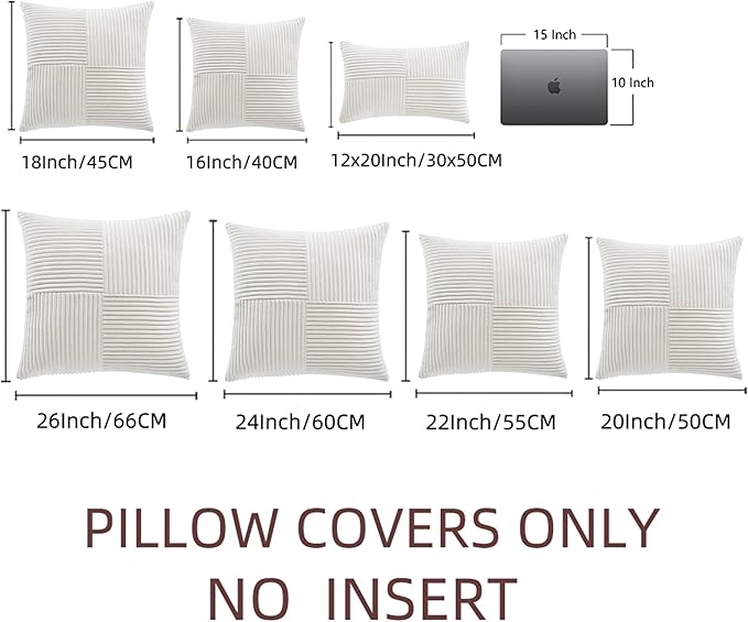 Fancy Homi 2 Packs Cream White Euro Decorative Throw Pillow Covers 26x26 Inch for Couch Bed Sofa, Farmhouse Boho Home Decor, Soft Corss Corduroy Patchwork Textured Square Cushion Case 66x66 cm