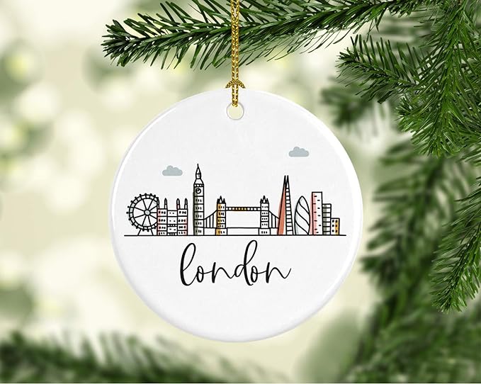 Andaz Press Round Ceramic Porcelain Christmas Tree Ornament Keepsake Gift, London, Colorful International City Skyline Graphic, 1-Pack, Birthday Ideas Family Coworker Him Her, Gift Box