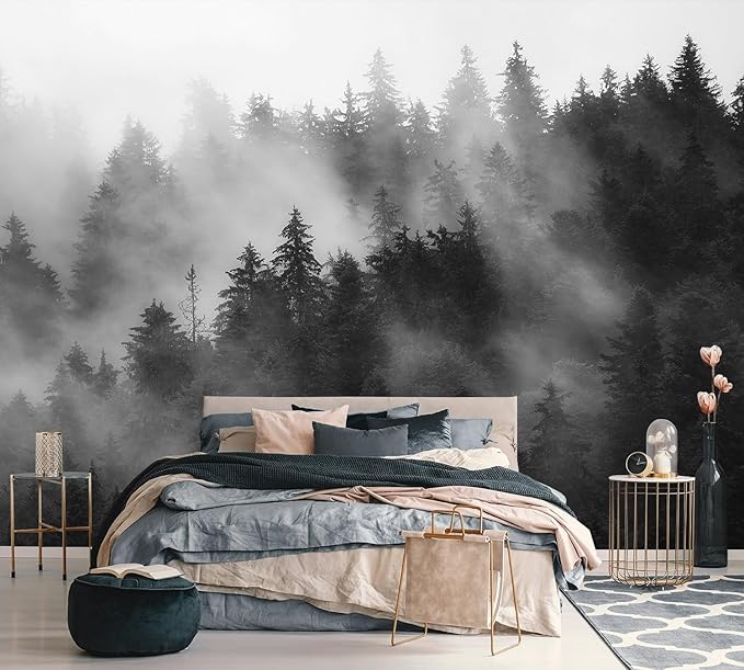 AFZEVEB-Dark Misty Forest Wallpaper Wall murals for Bedroom 136"x96" (Not Peel and Stick)