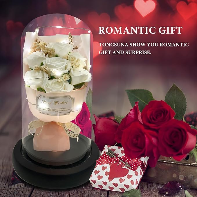 Gift for Her Forever Flower Bouquet for Delivery Prime Preserved White Roses Glass Dome LED Light 100 Languages I LOVE YOU Necklace Mothers Day Birthday Romantic Valentines Gift for Wife Women Mom
