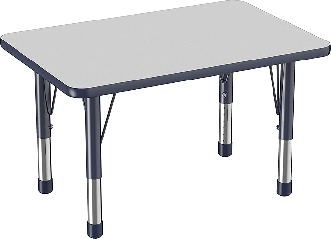 FDP Rectangle Activity School and Classroom Kids Table (24 x 36 inch), Chunky Toddler Leg, Adjustable Height 15-24 inches - Gray Top and Navy Edge