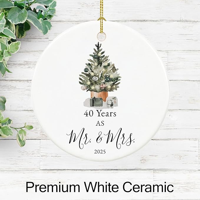 40th Anniversary Ornament Gifts for Parents,Couple, 40th Wedding Anniversary for 40 Year as Mr and Mrs Gifts, Ceramic Keepsake 40th Anniversary Christmas Ornaments with Ribbon and Box
