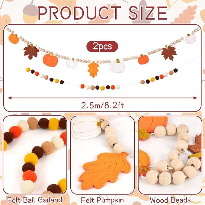 2 Pcs Fall Decorations for Home, Felt Pumpkin Leaves Garland and Wood Bead for Mantel, Felt Ball Garland, Thanksgving Decorations Indoor, Pumpkin Banner