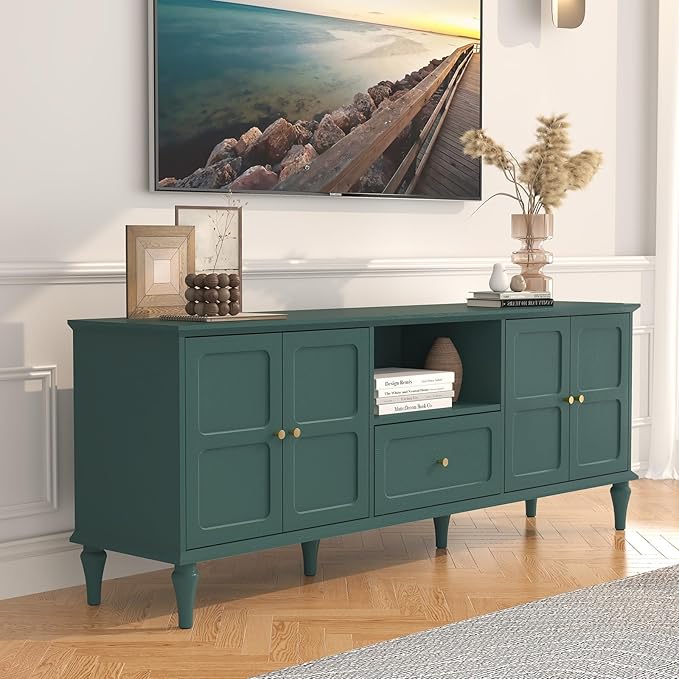 ARTPOWER 67'' Mid-Century Modern TV Stand with Storage Drawer and Doors, Long TV Stand with Adjustable Shelves for 75 Inch TV for Living Room, Bedroom, Green