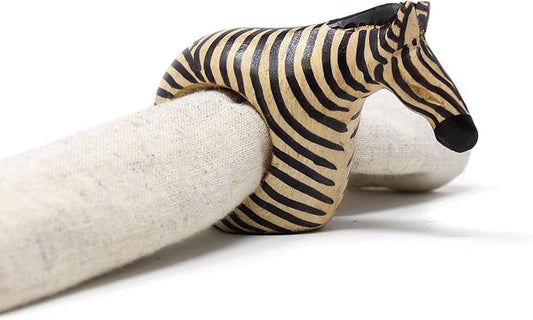 Handcarved Mahogany Wooden Napkin Ring Holders, Zebra, Set of 6 (KWF012_Z)