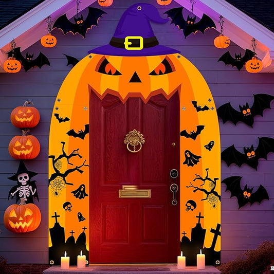 Halloween Pumpkin Party Porch Banner Witch Hat Grimace Pumpkin Archway Door Banner for Halloween Decorations Porch Sign for Birthday Photo Backdrop Outdoor Front Door Cover Indoor Hanging Supplies