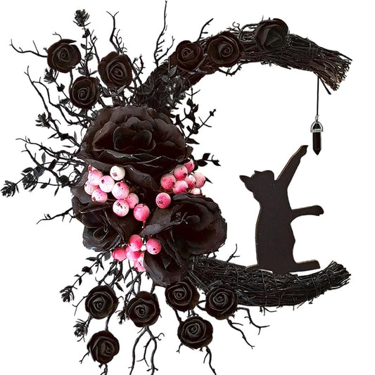 Halloween Wreaths for Front Door with Light, Black Cat on Moon Garland with Rose Wreath Decor, Halloween Decorations Crescent Moon Wreath for Home Party Window Wall Indoor Outdoor (black flower)