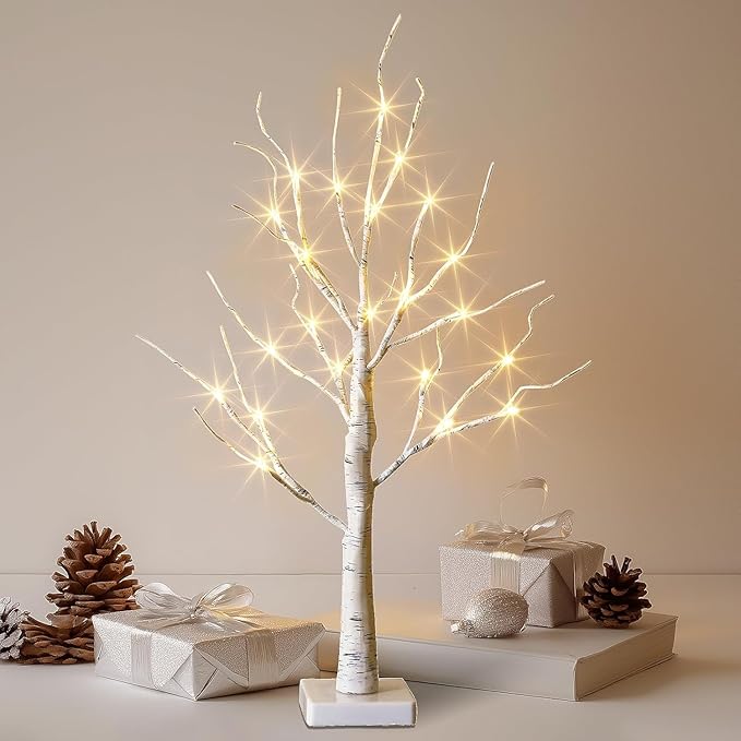 EAMBRITE Lighted Birch Tree Spring Decorations for Home, White Birch Tree with Lights, 24 LED Lighted Mini Money Tree Twig Tree Battery Operated with Timer, Christmas Indoor Centerpiece Decor (2FT)