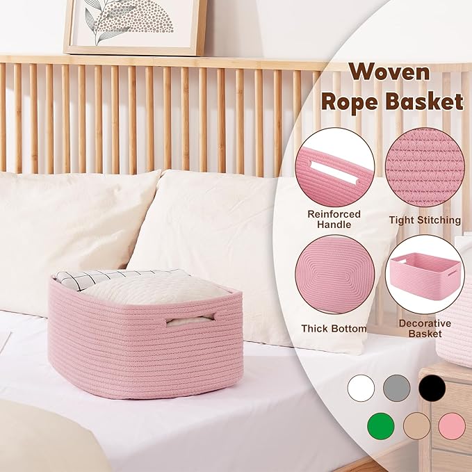 OIAHOMY Storage Basket for Shelves, Closet Cube Storage Bins Baskets for Clothes Blanket Towels, Baby Nursery, Toy Baskets Box, Woven Rope Basket, 15.75*11.81*7.09 IN, 2 Packs Pink