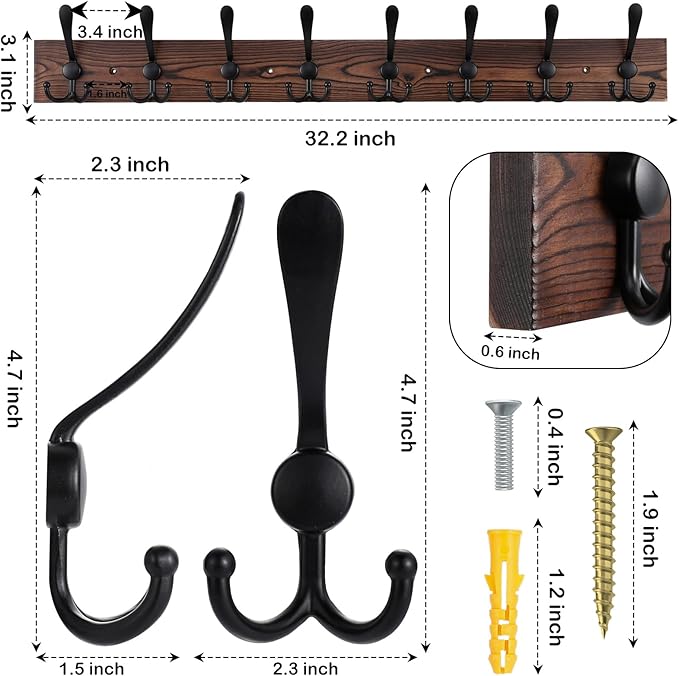 32.2'' Large Coat Rack Wall Mount Coat Hooks Coat Hanger with 8 Metal Black Triple- Hooks Brown Pine Real Wood Plank Hat Rack for Wall Hooks for Hanging Coat Hat Jacket