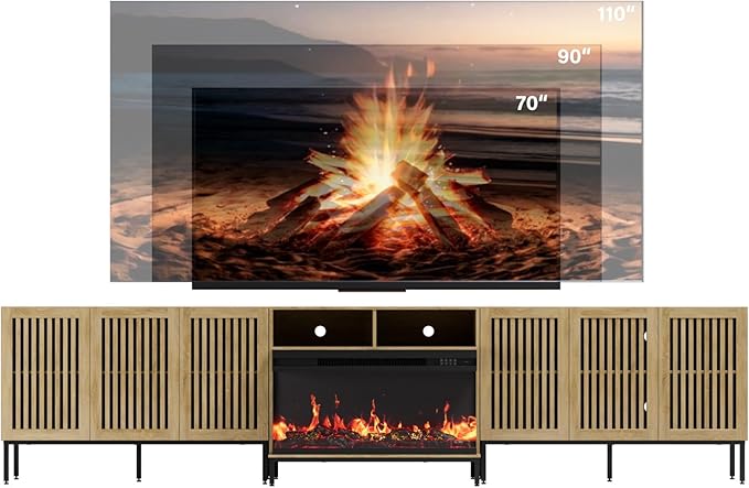 3-Sided Glass Farmhouse Fireplace TV Stand for TVs Up to 110 Inch, Oak Entertainment Center with 36" Electric Fireplace, TV Console with Storage Cabinets for Living Room
