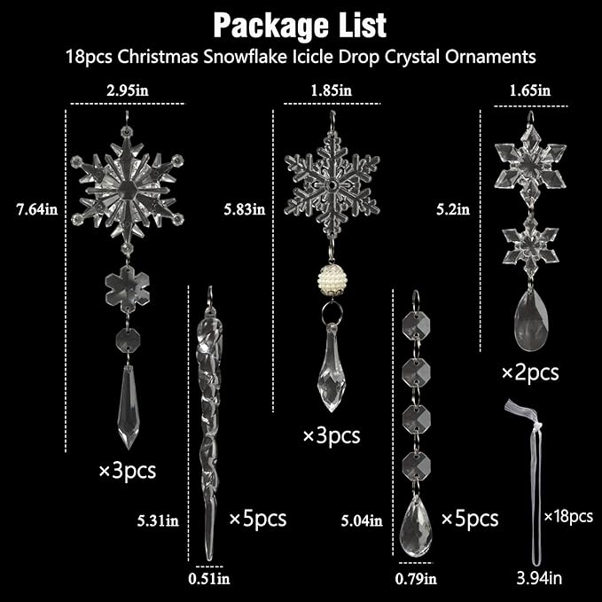 18pcs Christmas Tree Decoration Crystal Ornaments - Hanging Acrylic Christmas Snowflake Icicle Drop Crystal Ornaments for Xmas Tree Winter New Year Party Supplies