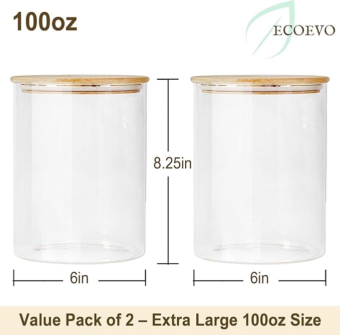 Glass Jars with Bamboo Lids, Glass Food Jars and Canisters Sets, Flour Jar, Large Food Canister with airtight lids, Flour Storage Container, Pantry Jars, 100oz