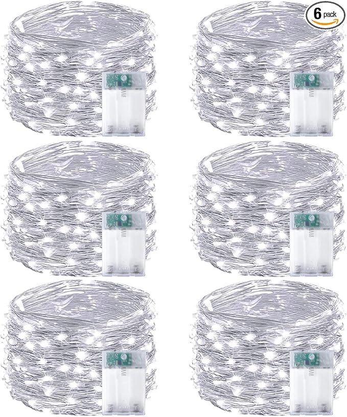 6-Pack Fairy Lights Battery Operated with Timer, Waterproof 16FT 50 LED String Lights Indoor Outdoor, Cuttable Starry Fairy Lights for Christmas Home Bedroom Wedding DIY Centerpiece Decor (Cool White)