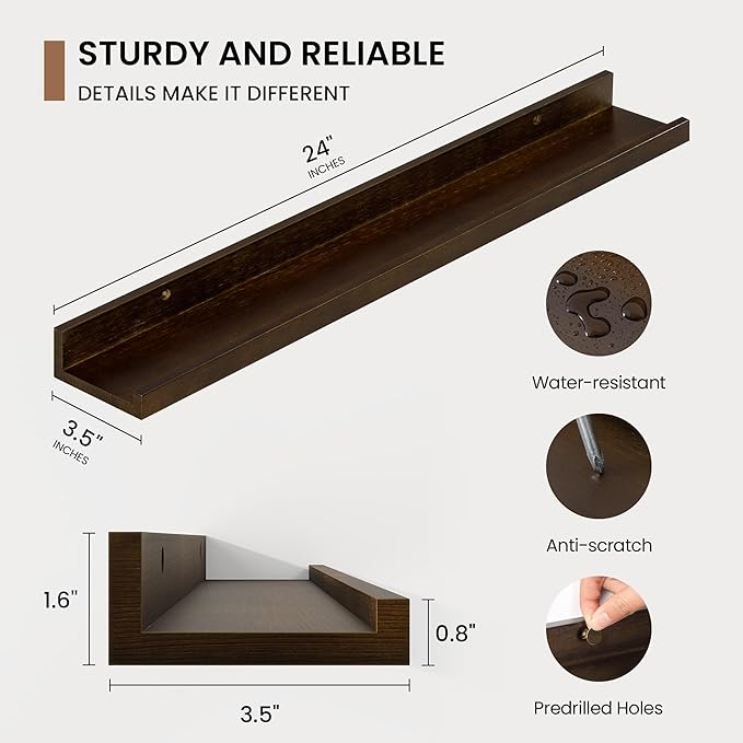 Picture Ledge Shelf, Solid Pine Wood Floating Shelves Set of 2, 24 Inches Nursery Book Shelves for Toys Storage, Kids Bookshelf Wall Mounted for Living Room Bedroom Decor Books Photo Frames, Walnut
