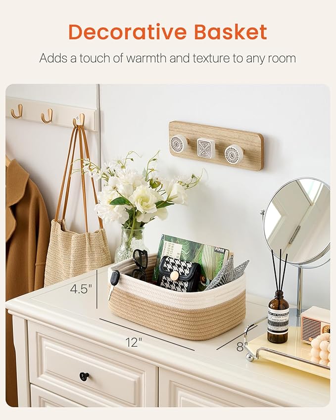 KALLAX Small Woven Basket, 12 x 8 x 4.5 Inches, Storage Basket for Organizing, Cute Small Rope Shelf Closet Cube Storage Bins Baskets for Shelves, Dog Toy Gift Baskets Empty, 3 Pack White & Brown