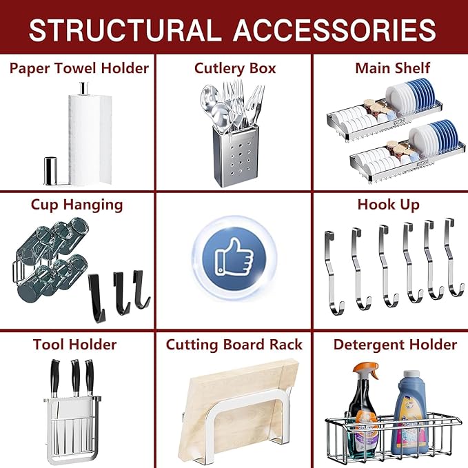 VNKZI Over Sink Dish Drying Rack, 3 Tier Full Stainless Steel Storage Adjustable Length (25.98'' to 36.61'') Kitchen Rack, Multifunctional Expandable Counter Organizer, Space Saver Dish Rack