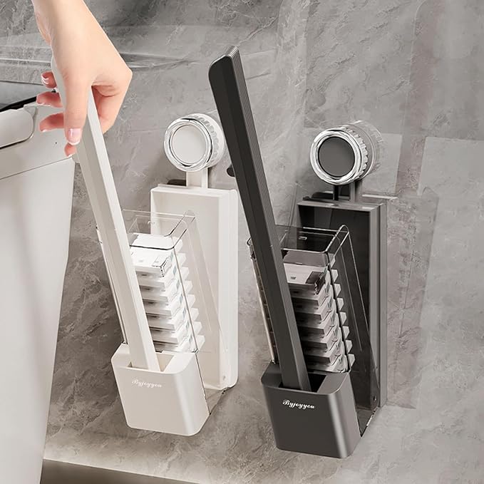 Disposable Toilet Brush with Replaceable Heads, Wall-Mounted Holder, Hygienic Bathroom Cleaning Tool (WhiteToilet Brush + 8 Refills)