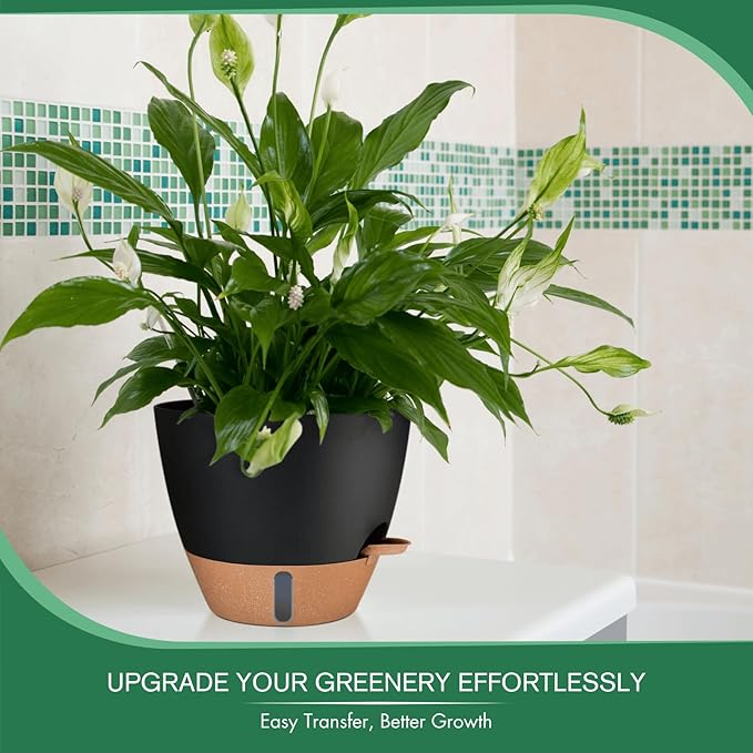 2 Pack 10 inch Plant Pots, PP Plastic Self Watering Plant Pot with Drainage and Tray for Indoor Outdoor Plants , Water Level Window & Reservoir Flower Pots Decorative Planter (Black, 10 Inch)