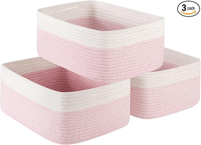 Storage Baskets for Organizing 3 Pack, Woven Baskets for Shelves, Closet Organizer Bins Empty Gift Basket Toy Storage for Toys, Books, Towels, Clothes, 15"x11.42"x6.7", Pink