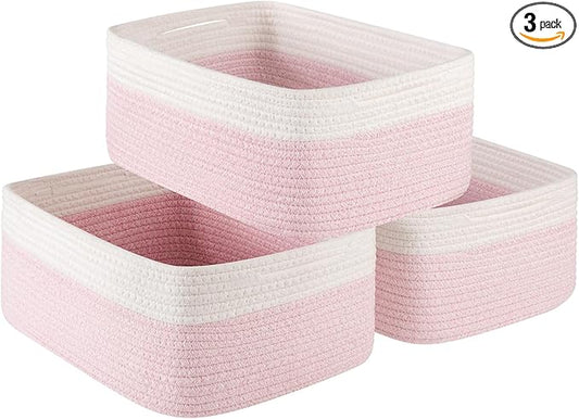 Storage Baskets for Organizing 3 Pack, Woven Baskets for Shelves, Closet Organizer Bins Empty Gift Basket Toy Storage for Toys, Books, Towels, Clothes, 15"x11.42"x6.7", Pink