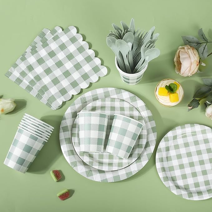 200Pcs Sage Green Gingham Party Supplies Gingham Paper Plates and Napkins Cups Sage Plaid Plates Disposable Green and White Plaid Party Decor for Birthday Family Picnic BBQ,Serves 50 Guests