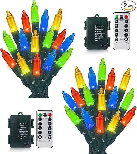 2Pack 50 LED Battery Operated Christmas Lights 17.7 FT, Multicolor Waterproof Mini String Lights with 8 Lighting Modes,Timer, Remote Control, for Tree, Christmas Decoration, Outdoor, Indoor