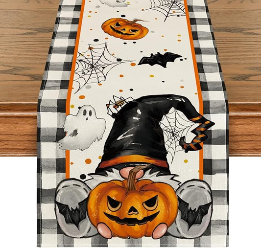Artoid Mode Buffalo Plaid Gnome Bat Pumpkin Ghost Halloween Table Runner, Sensonal Kitchen Dining Table Decor for Home Party 13x60 Inch