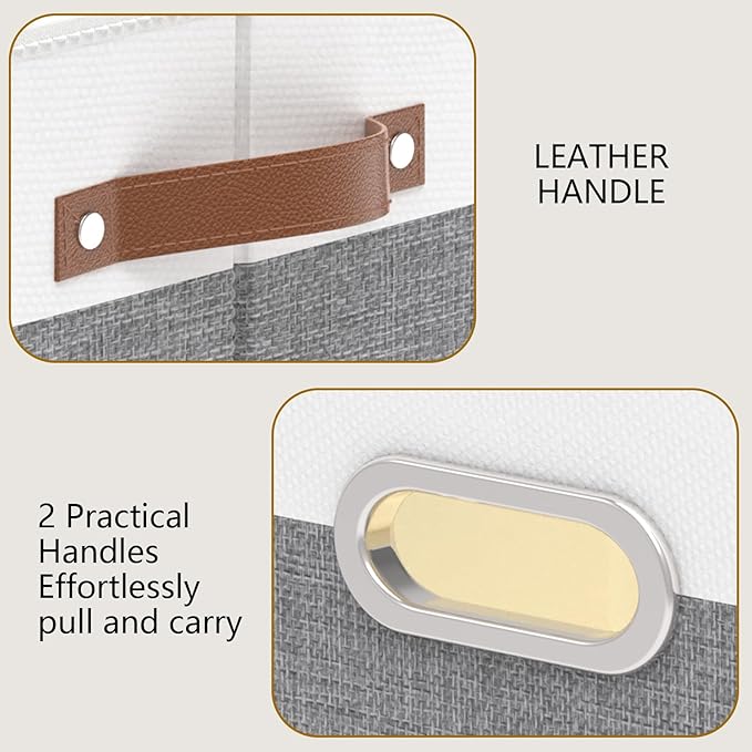 Yawinhe Foldable Storage Baskets for Shelves, Fabric Closet Organizers, Bins with 3 Handles, Cubes for Clothes, White/Grey, 15''Lx9.8''Wx8.3''H, 4-Pack