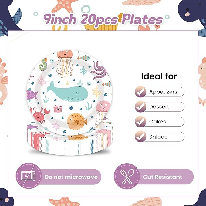 40 pcs summer pool Party Paper Plates and Napkins Disposable Party Decorations White Ocean 9 inch 20 pcs luau tropical Dessert Plates & 20 pcs Napkins Tableware for Fruit Cake