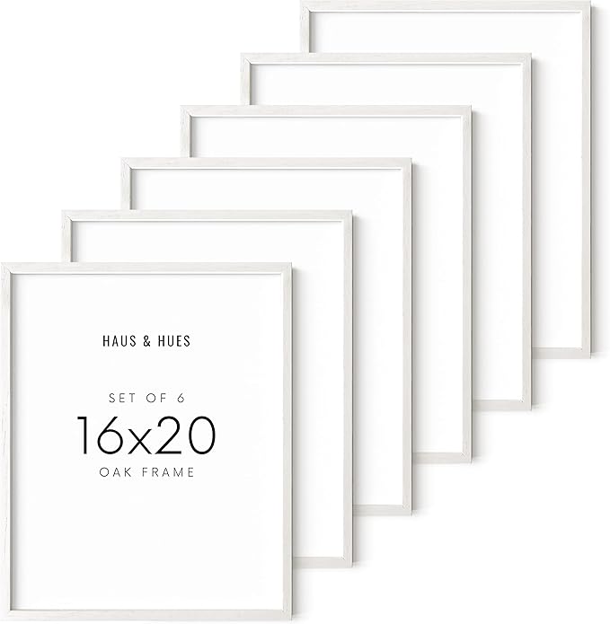 HAUS AND HUES Set of 6 - White Picture Frames Poster Frames for Wall, Wood Frame 16x20 White Frames Gallery Wall, Large Picture Frames (White Oak Frame), 16x20 in