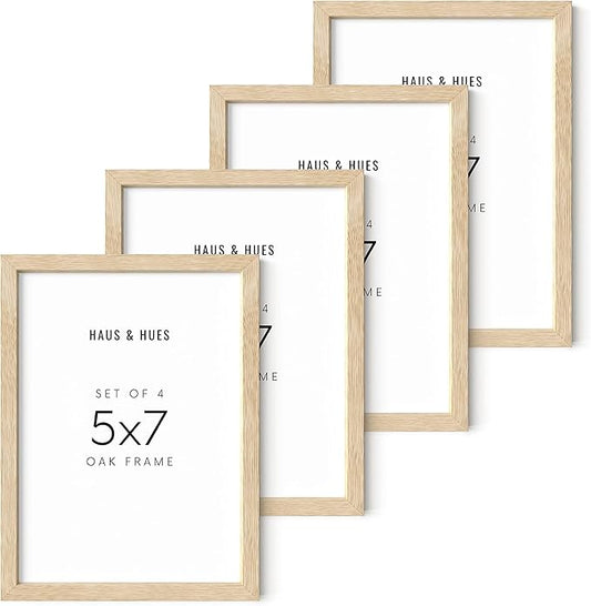 HAUS AND HUES Natural Wood Frames 5x7 Set of 4 - Bulk Photo Frames with Beige Oak Finish