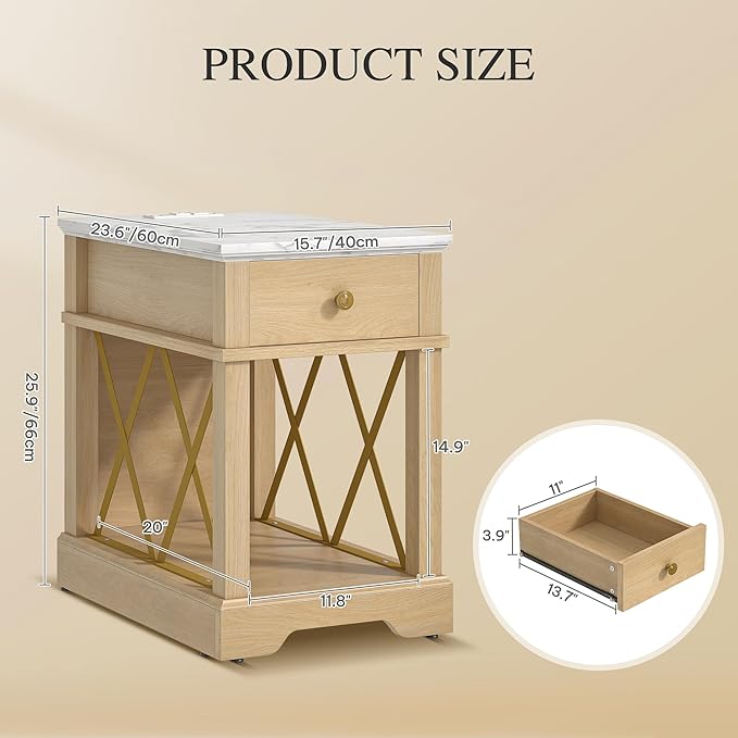 YITAHOME Farmhouse End Table, Side Table with Power Outlets, Nightstand with Drawer and Open Storage, Rustic End Table for Living Room, Sleeping Room, Natural Walnut