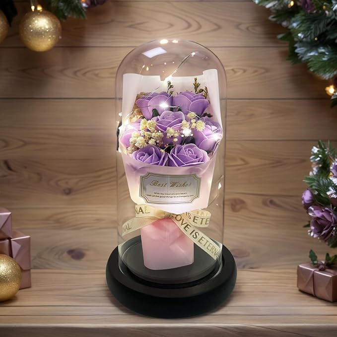Gift for Her Forever Flower Bouquet for Delivery Prime Preserved Purple Roses Glass Dome LED Light 100 Languages I LOVE YOU Necklace Mothers Day Birthday Romantic Valentines Gift for Wife Women Mom