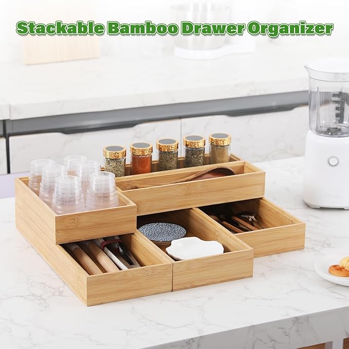 Bamboo Drawer Organizer, 2PCS Stackable Storage Boxes for Utensil Organizer, Wood Tray for kitchen, Bathroom and Bedroom 12" x 6" x 2"