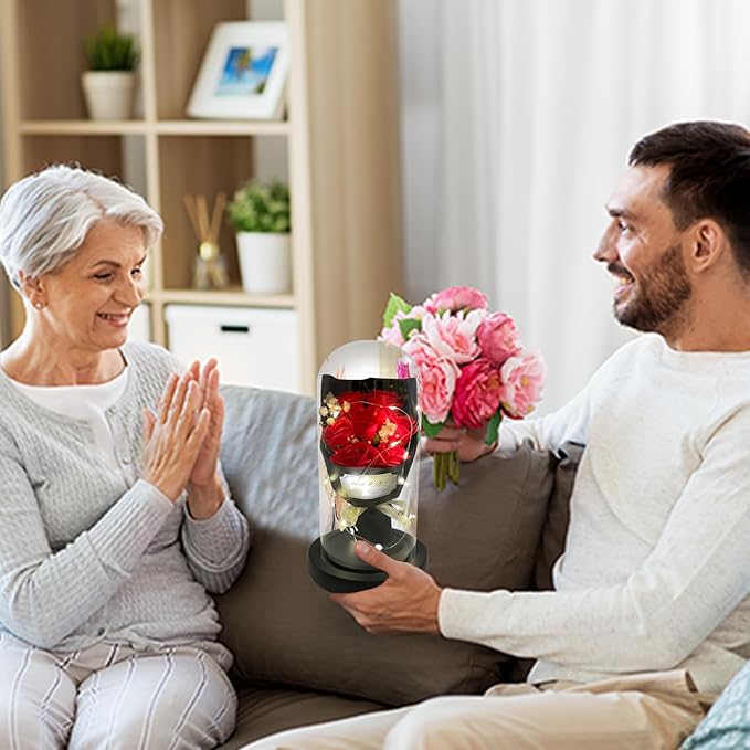 Gift for Her Forever Flower Bouquet for Delivery Prime Preserved Red Roses Glass Dome LED Light 100 Languages I LOVE YOU Necklace Mothers Day Birthday Romantic Valentines Gift for Wife Women Mom