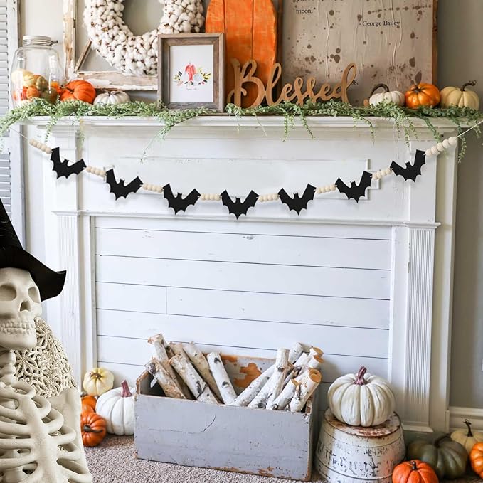 Halloween Decorations Garland, Felt Bats Halloween Decor Banner with Wood Beads for Fireplace Mantel Walls Home Indoor